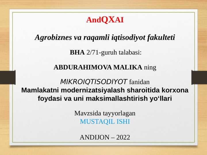Mamlakatni modernizatsiyalash sharoitida korxona foydasi va uni maksimallashtirish yoʻllari