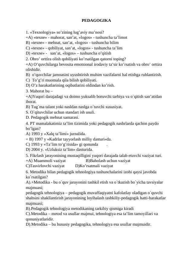 Pedagogika 400-test javoblari bilan