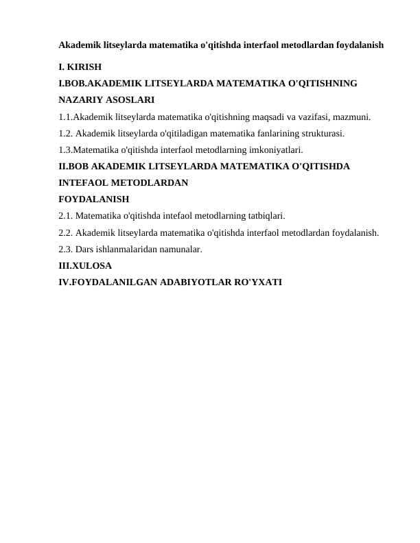 Akademik litseylarda matematika o'qitishda interfaol metodlardan foydalanish