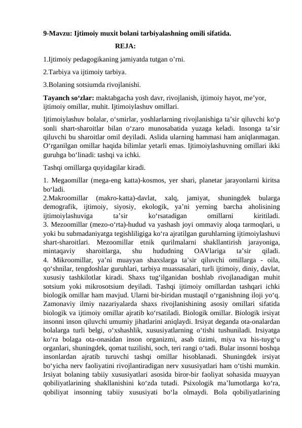 Ijtimoy muhit bolani tarbiyalashning omili sifatida