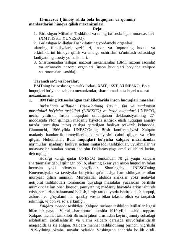Ijtimoiy ishda bola huquqlari va qonuniy manfaatlarini himoya qilish mexanizmlari.