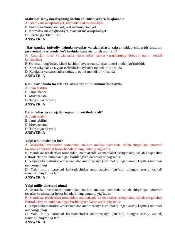 Makroiqtisodiyotdan test javoblari bilan