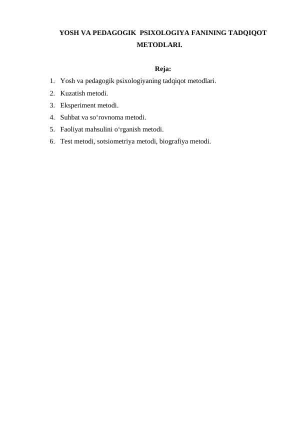 YOSH VA PEDAGOGIK  PSIXOLOGIYA FANINING TADQIQOT METODLARI