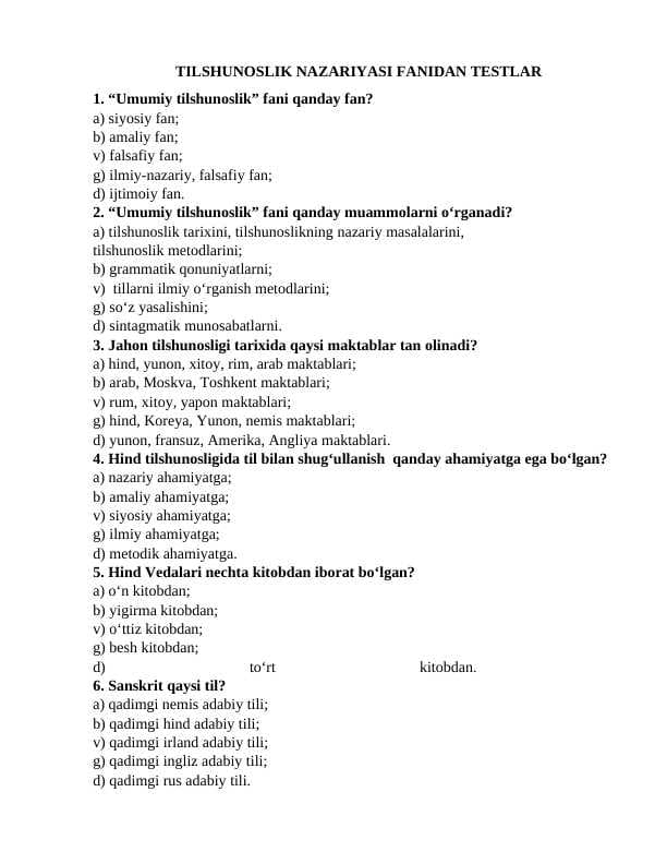TILSHUNOSLIK NAZARIYASI FANIDAN TESTLAR