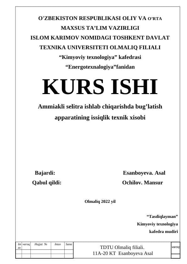 Ammiakli selitra ishlab chiqarishda bug’latish apparatining issiqlik texnik xisobi