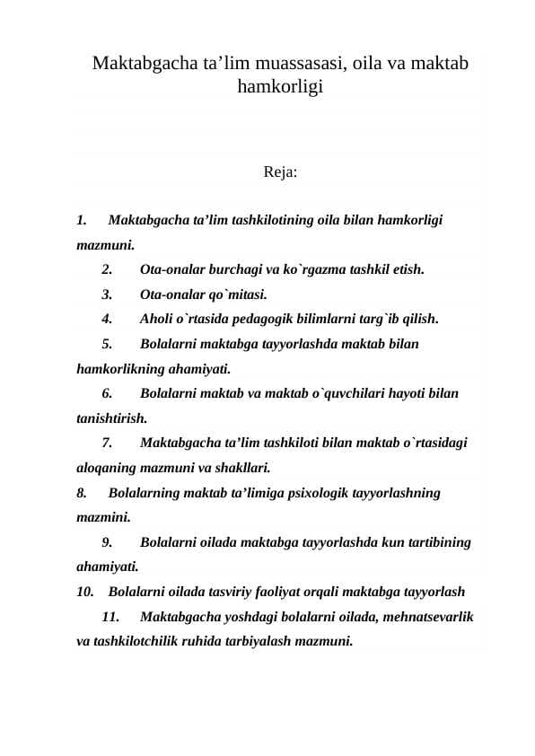 Maktabgacha ta'lim muassasasi, oila va maktab hamkorligi