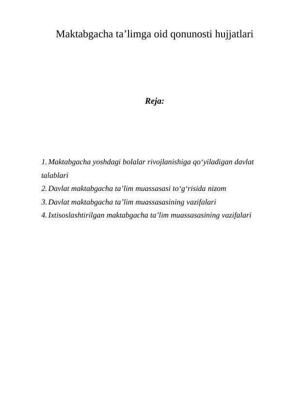 Maktabgacha ta'limga oid qonunosti hujjatlari