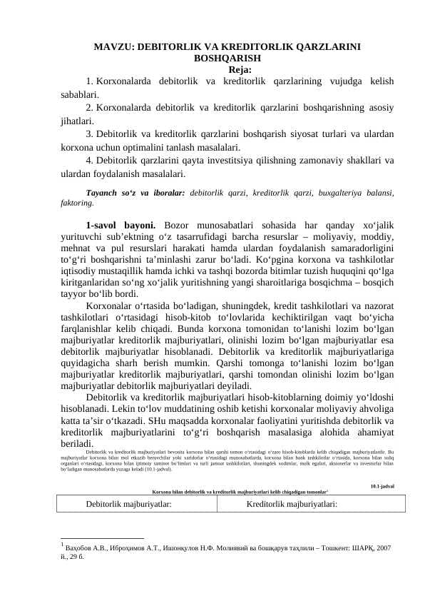 DEBITORLIK VA KREDITORLIK QARZLARINI BOSHQARISH
