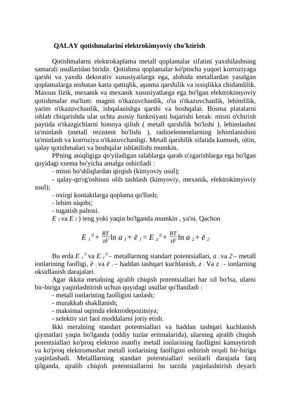 Qalay qotishmalarini elektrokimyoviy cho'ktirish