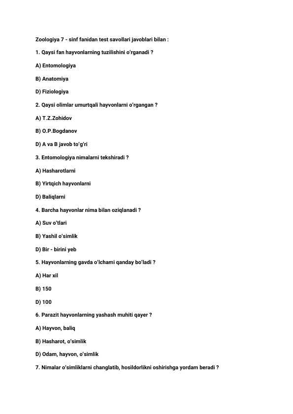 Zoologa fanidan test savollari / 7-sinf