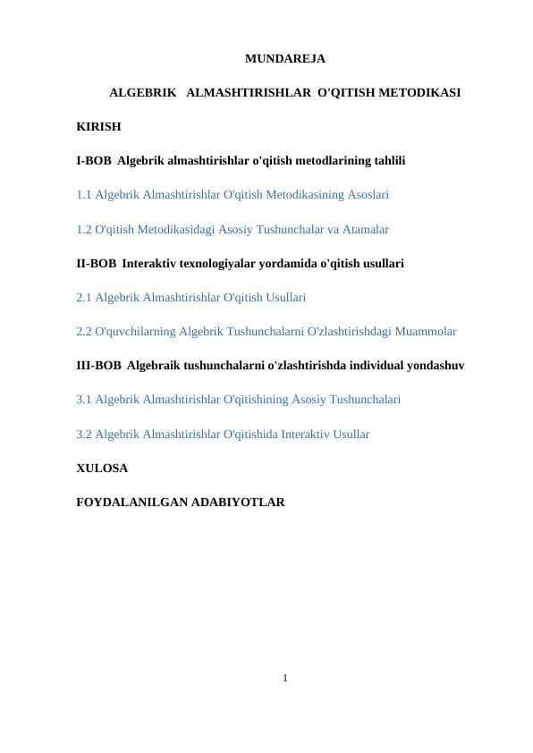 KURS ISHI MATEMARIKA-  ALGEBRIK ALMASHTIRISHLAR