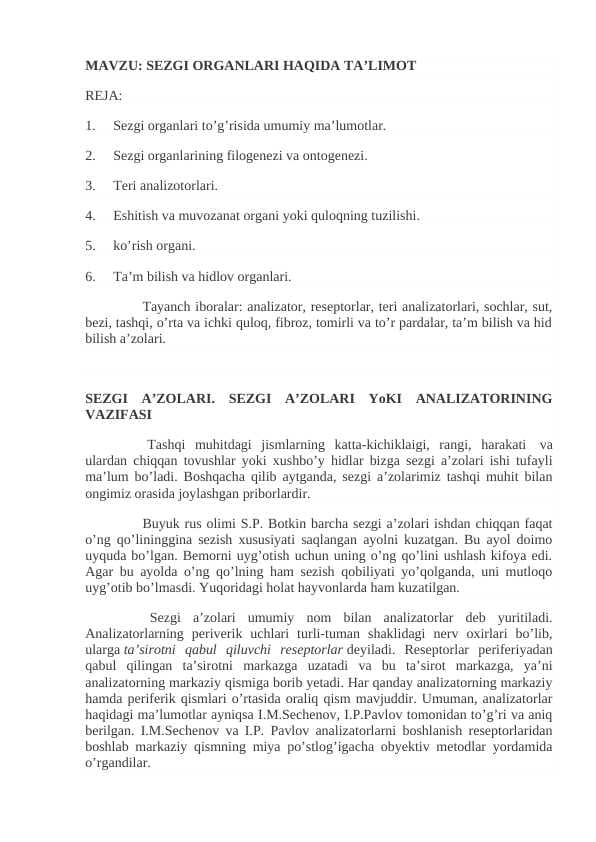 SEZGI ORGANLARI HAQIDA TA’LIMOT