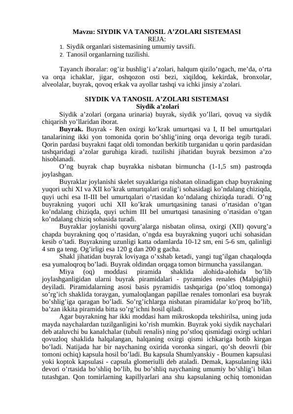 SIYDIK VA TANOSIL A’ZOLARI SISTEMASI