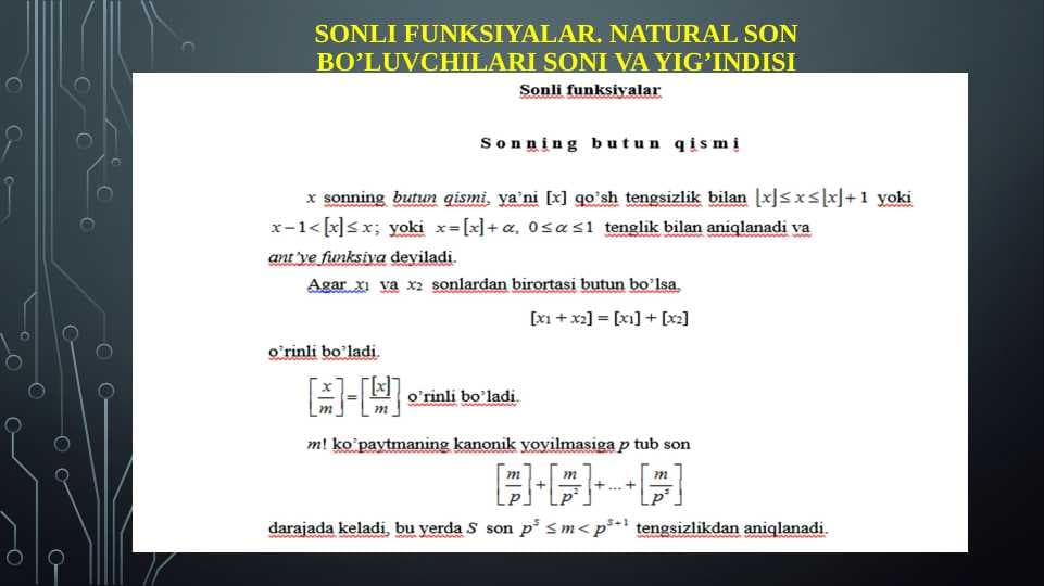 Sonli funksiyalar. Natural son bo’luvchilari soni va yig’indisi