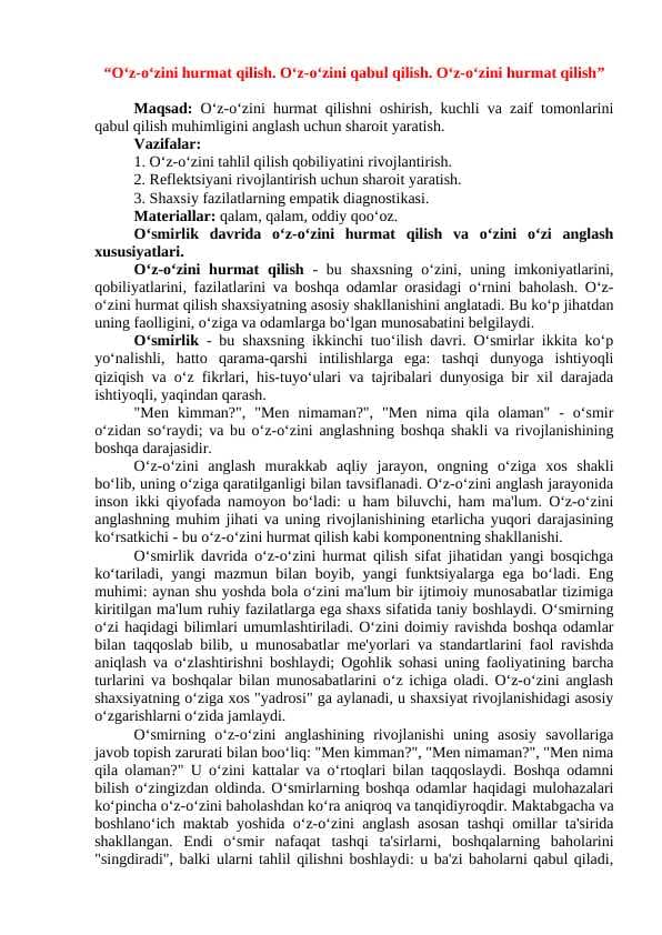 "O'z-o'zini hurmat qilish" Amaliy mashg'ulot