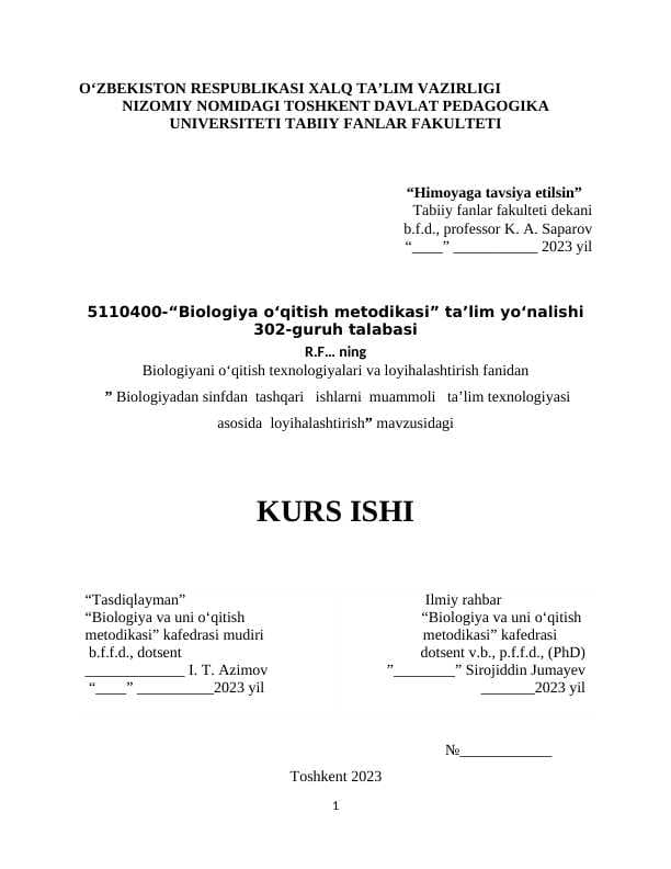 Biologiyadan sinfdan  tashqari   ishlarni  muammoli   ta’lim texnologiyasi asosida  loyihalashtirish