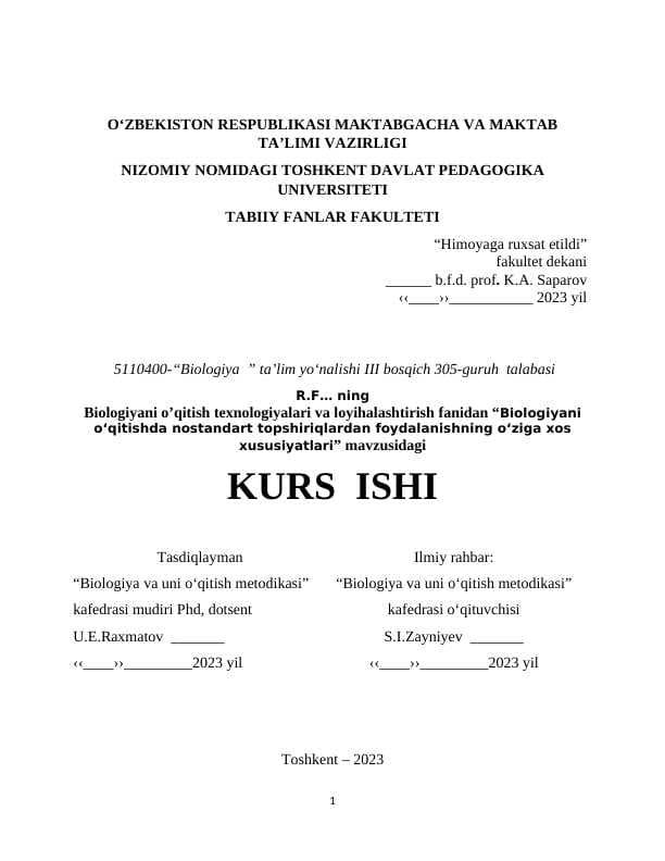 Biologiyani o‘qitishda nostandart topshiriqlardan foydalanishning o‘ziga xos xususiyatlari