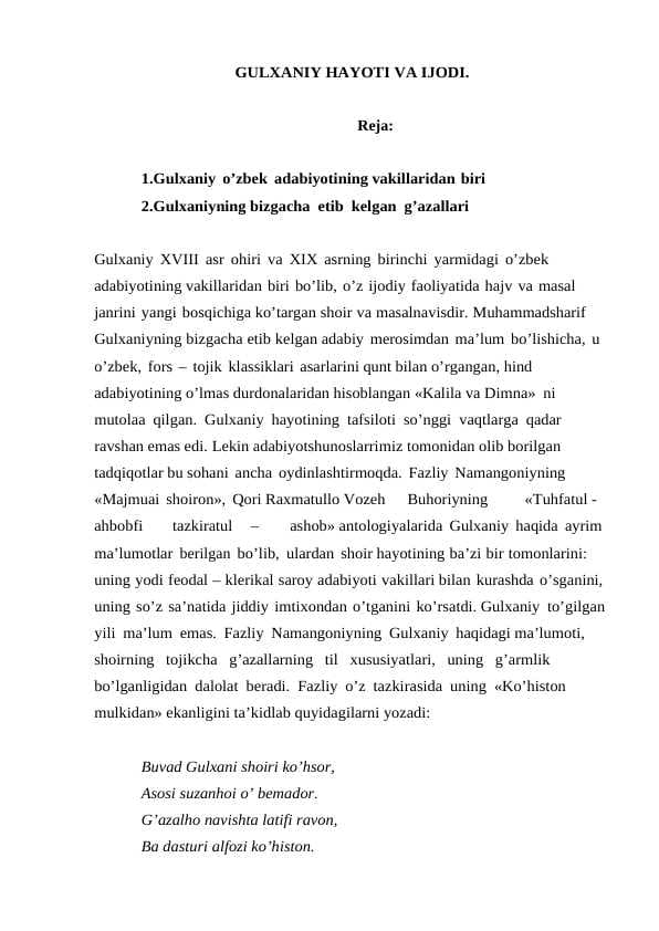 GULХANIY HAYOTI VA IJODI.