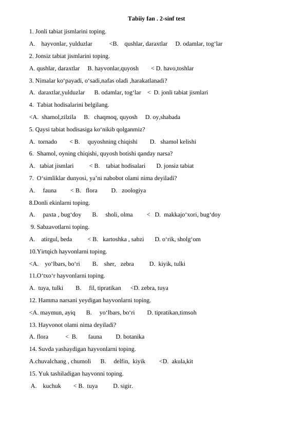 Tabiiy fan 2-sinf test