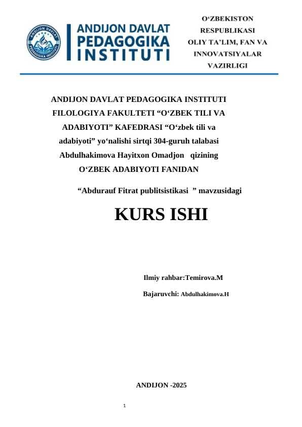 Abdurauf Fitrat publitsistikasi  kurs ishi