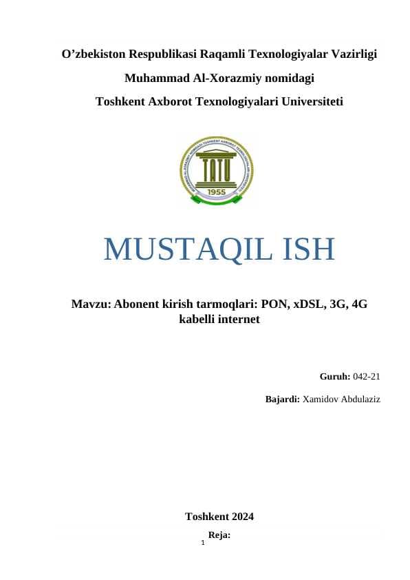 Abonent kirish tarmoqlari PON, xDSL, 3G, 4G kabelli internet.docx
