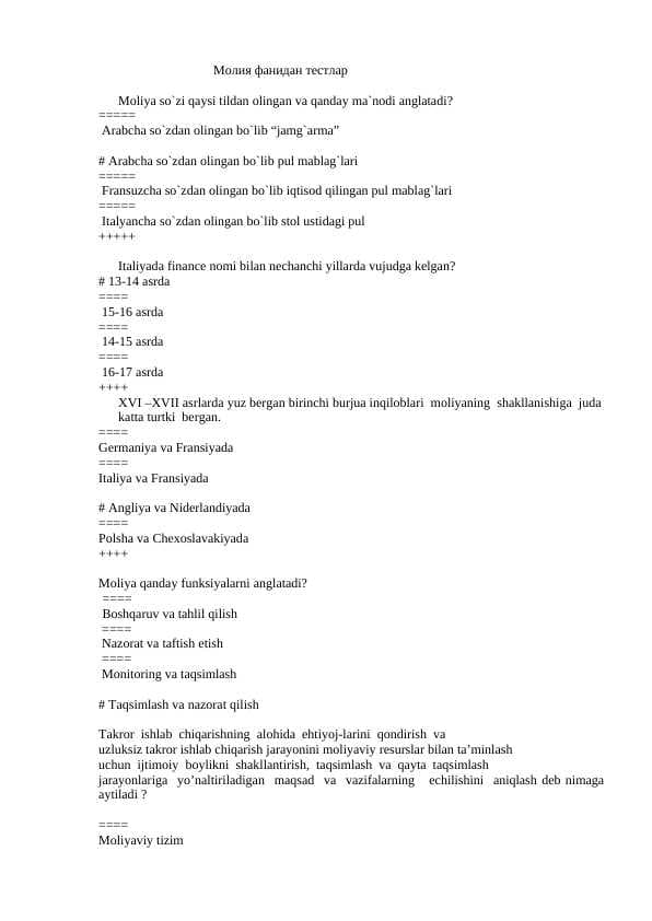 Moliya test javoblari bilan