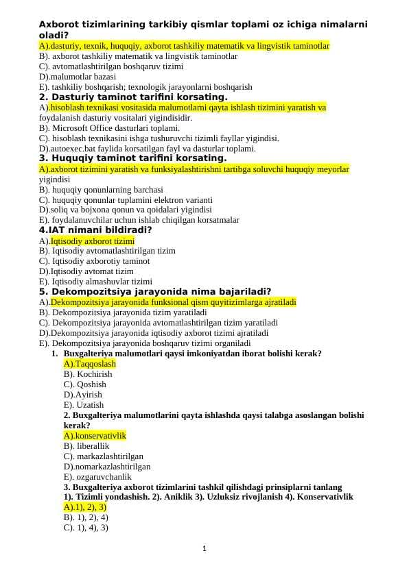 Informatika test javoblari bilan