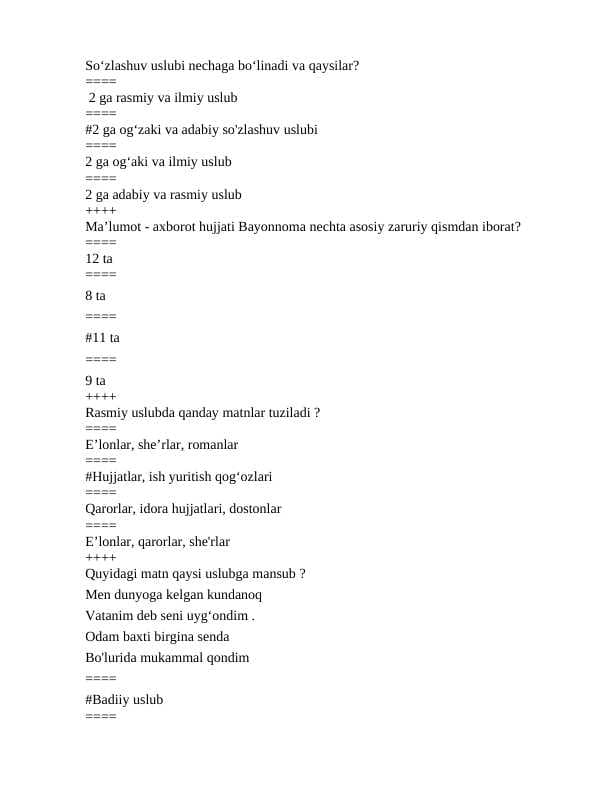 Ona tilidan test javoblari bilan