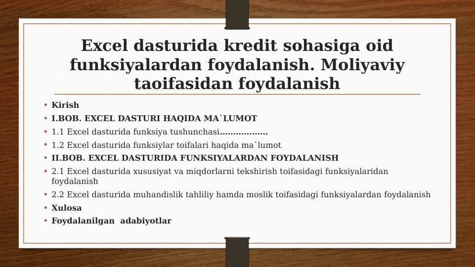 Excel dasturida kredit sohasiga oid funksiyalardan foydalanish. Moliyaviy taoifasidan foydalanish