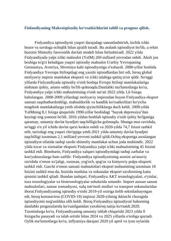Finlandiyaning Makroiqtisodiy ko‘rsatkichlarini tahlil va prognoz qilish