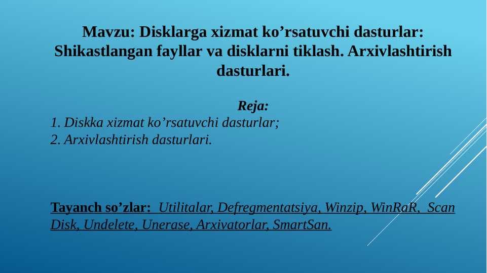 Disklarga xizmat ko’rsatuvchi dasturlar: Shikastlangan fayllar va disklarni tiklash. Arxivlashtirish dasturlari.