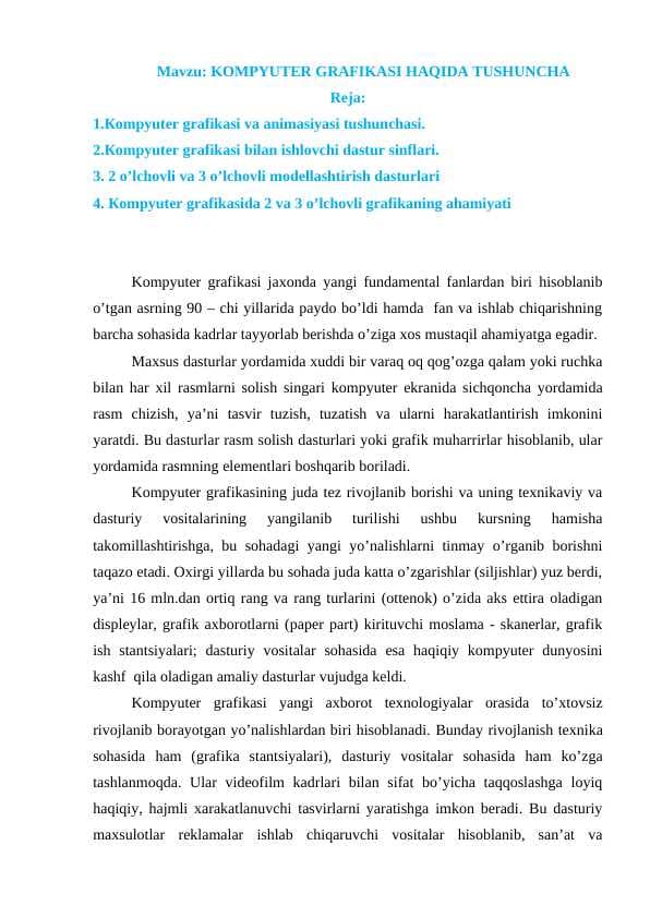 KOMPYUTER GRAFIKASI HAQIDA TUSHUNCHA
