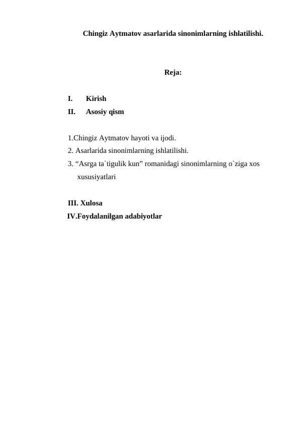 Chingiz Aytmatov asarlarida sinonimlarning ishlatilishi.