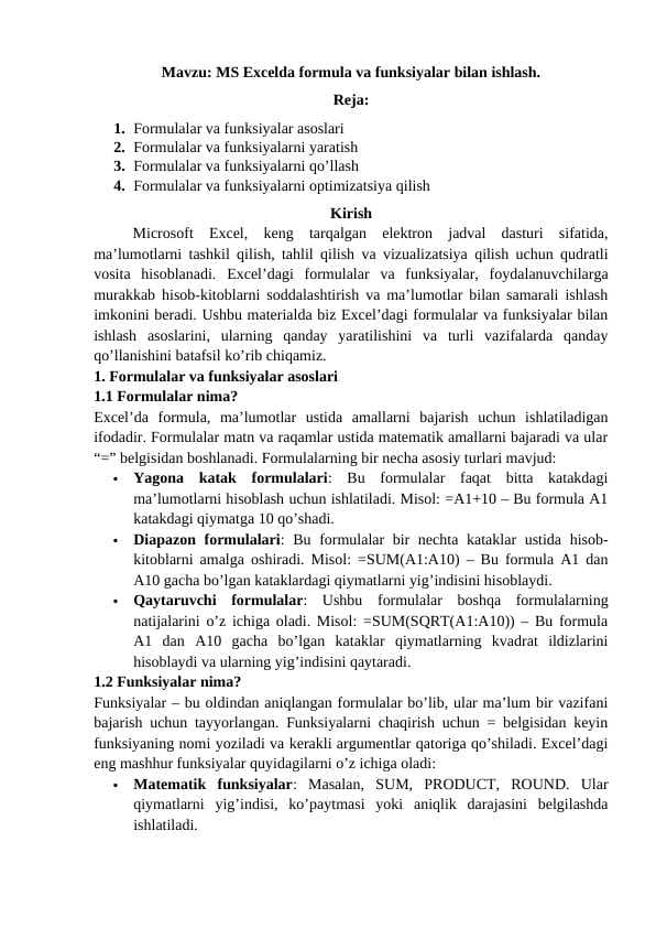 MS Excelda formula va funksiyalar bilan ishlash