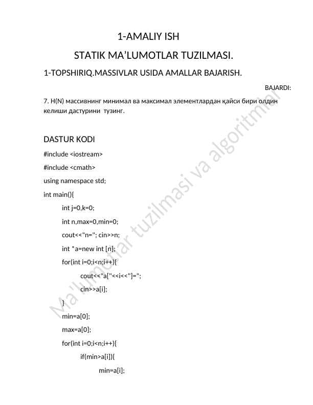 STATIK MA’LUMOTLAR TUZILMASI. 1-TOPSHIRIQ.MASSIVLAR USIDA AMALLAR BAJARISH