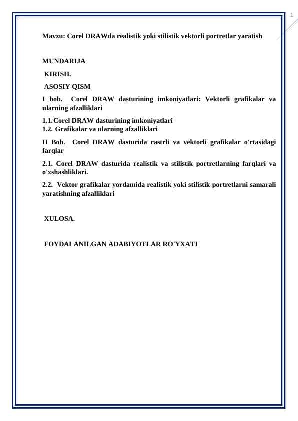 Corel DRAWda realistik yoki stilistik vektorli portretlar yaratish kurs ishi