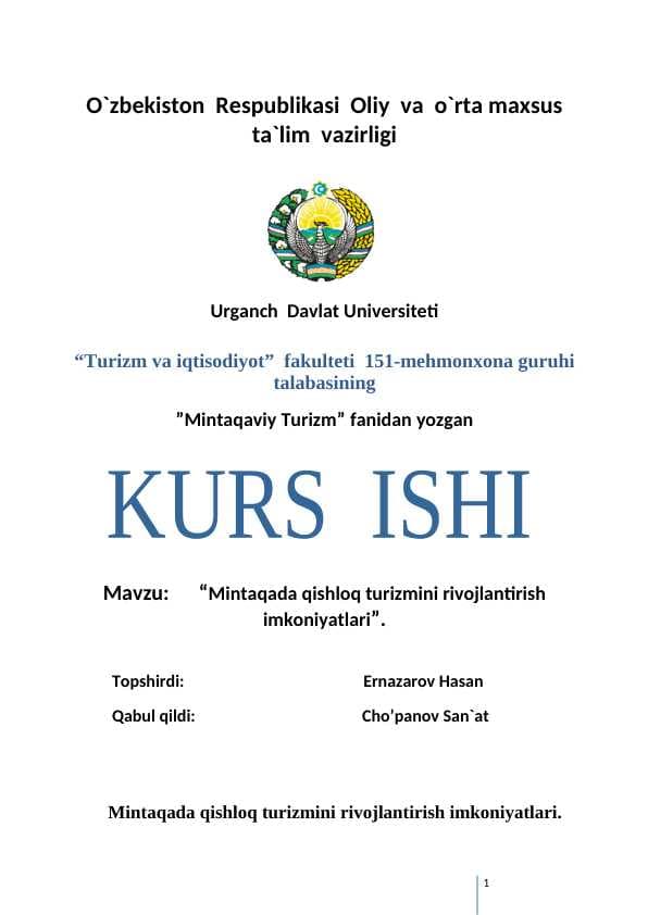 Mintaqada qishloq turizmini rivojlantirish imkoniyatlari