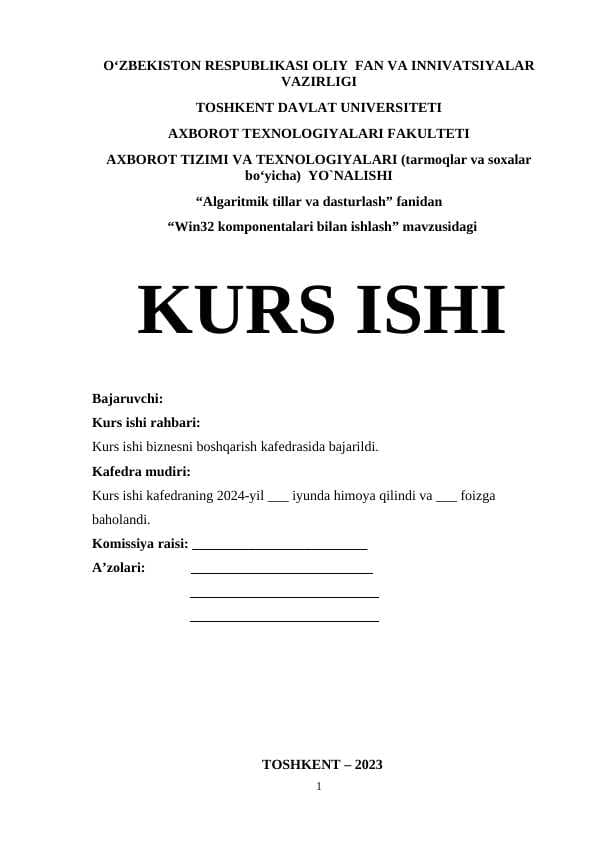 “Algaritmik tillar va dasturlash” fanidan “C++ BUILDER muhitida Win32 komponentalari bilan ishlash” mavzusida KURS ISHI