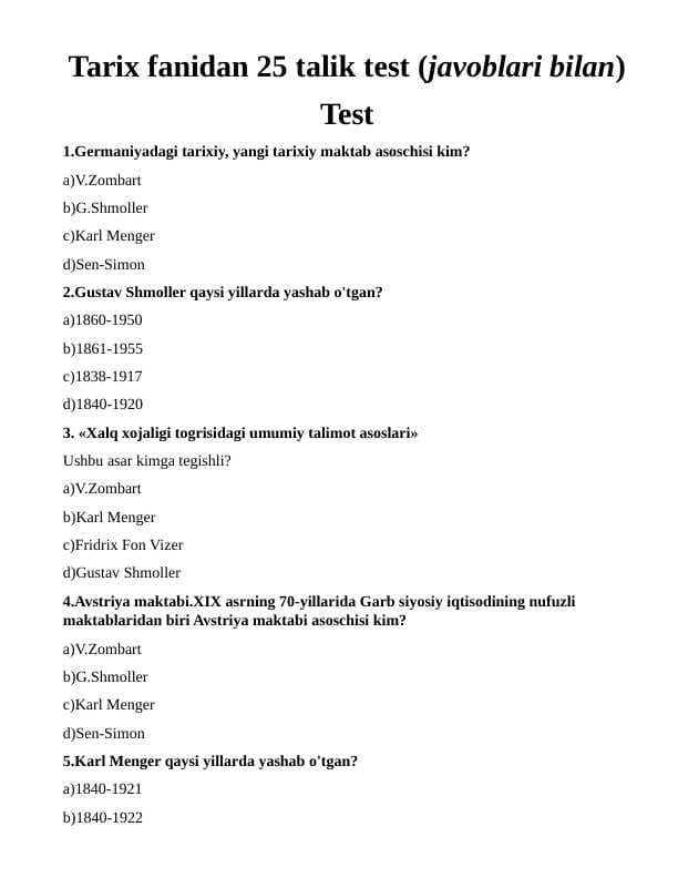 Tarix fanidan 25 talik test (javoblari bilan)