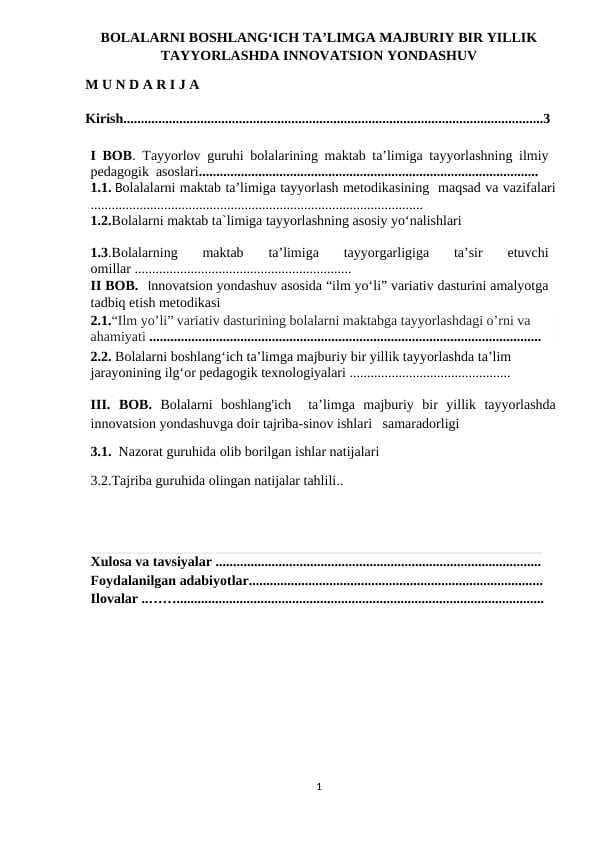 BOLALARNI BOSHLANG‘ICH TA’LIMGA MAJBURIY BIR YILLIK TAYYORLASHDA INNOVATSION YONDASHUV