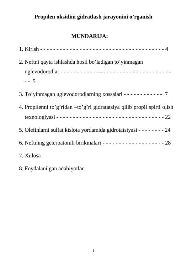 Propilen oksidini gidratlash jarayonini o’rganish
