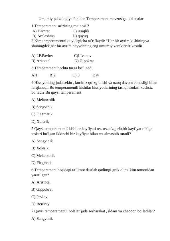 Umumiy psixologiya fanidan testlar.