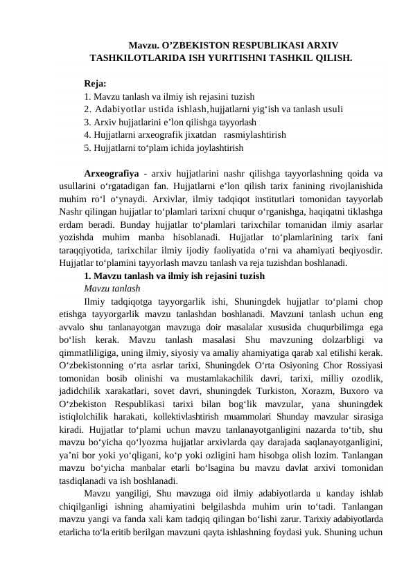 O’ZBEKISTON RESPUBLIKASI ARXIV TASHKILOTLARIDA ISH YURITISHNI TASHKIL QILISH.