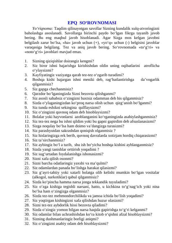Ichki ishlarga kirish uchun hamda temurbeklar maktabiga kirish uchun psixologik test. EPQ  SO‘ROVNOMASI