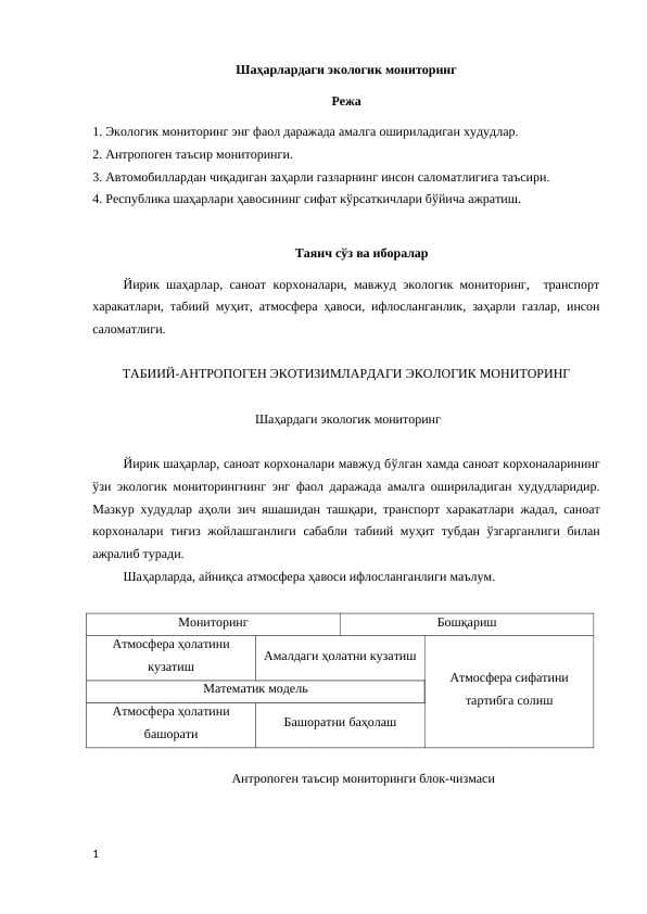 Шаҳарлардаги экологик мониторинг. Shaharlardagi ekologik monitoring