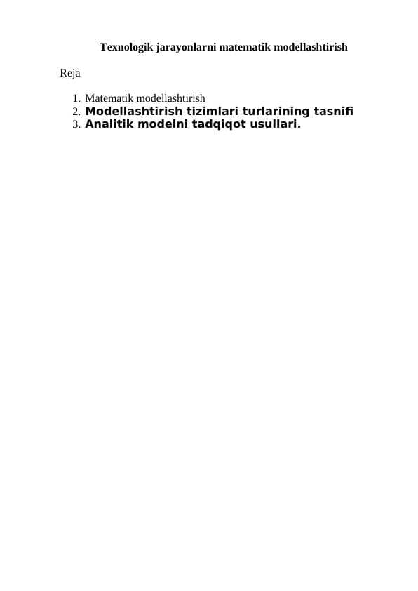 Texnologik jarayonlarni matematik modellashtirish