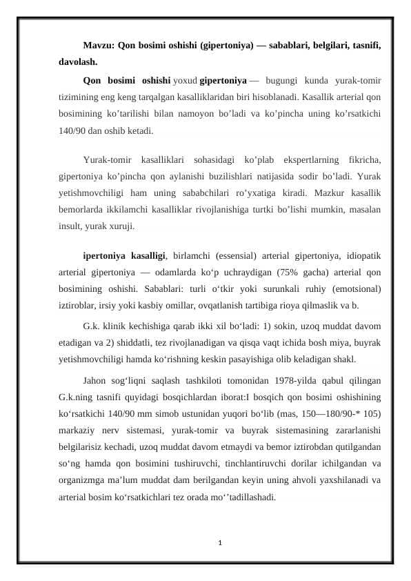 Qon bosimi oshishi (gipertoniya) — sabablari, belgilari, tasnifi, davolash