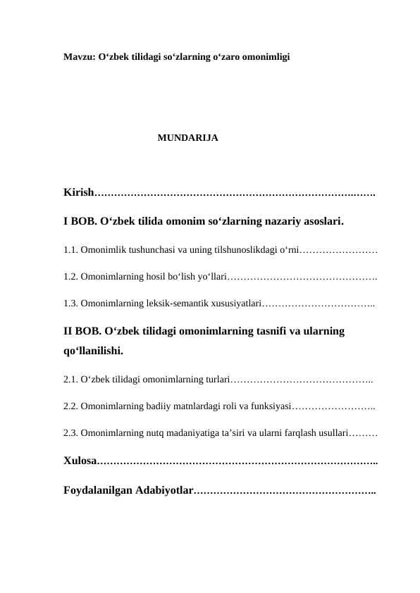 Oʻzbek tilidagi soʻzlarning oʻzaro omonimligi kurs ishi
