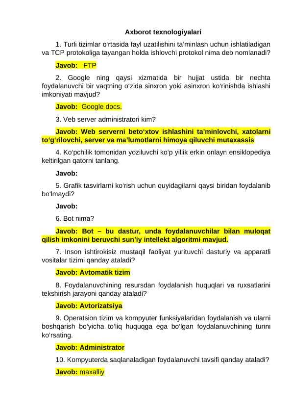 Argus testlar (Axborot texnologiyalari)
