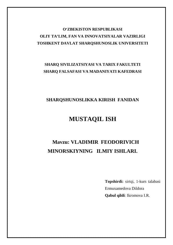 VLADIMIR  FEODORIVICH MINORSKIYNING   ILMIY ISHLARI